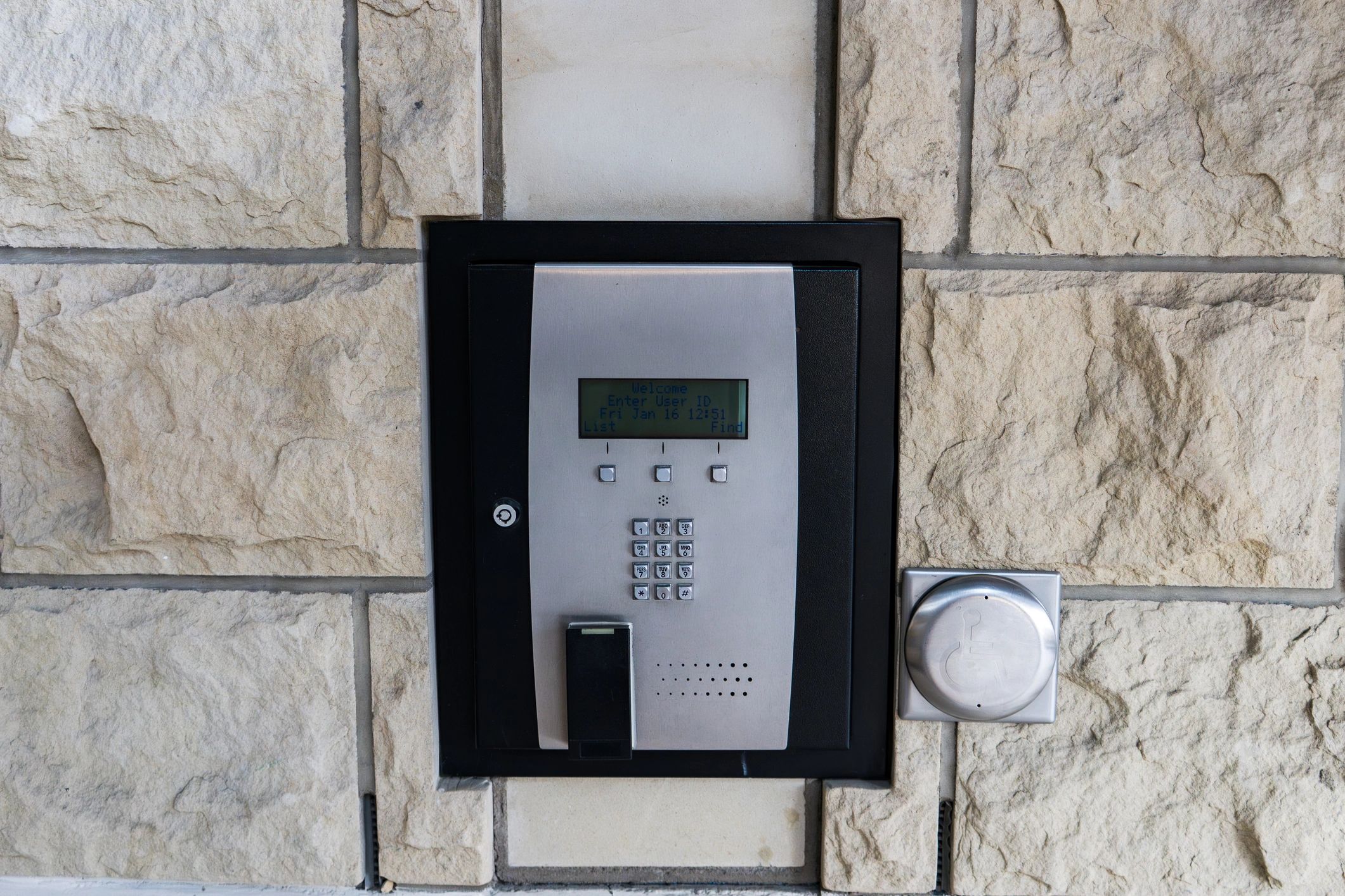 Access control keypad and intercom at an entrance